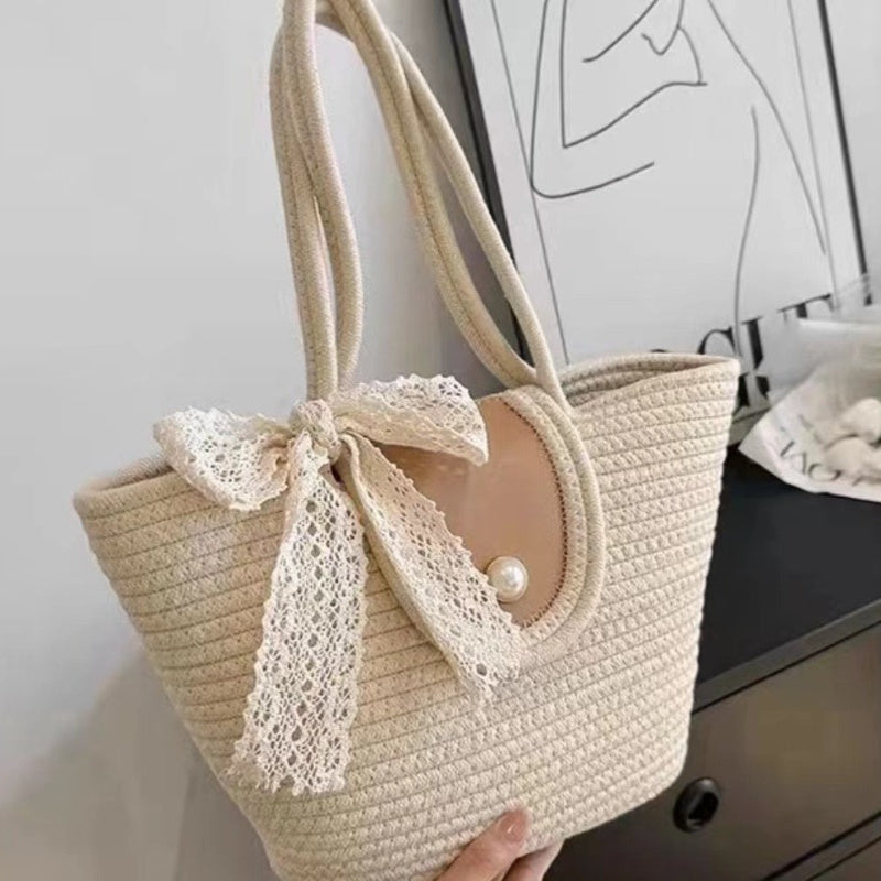 Handbag Women's Straw Basket Handmade Bag Holiday Picnic Spring Trip Photo Beach Bag Single Shoulder Woven Small Bag Elegant Lady