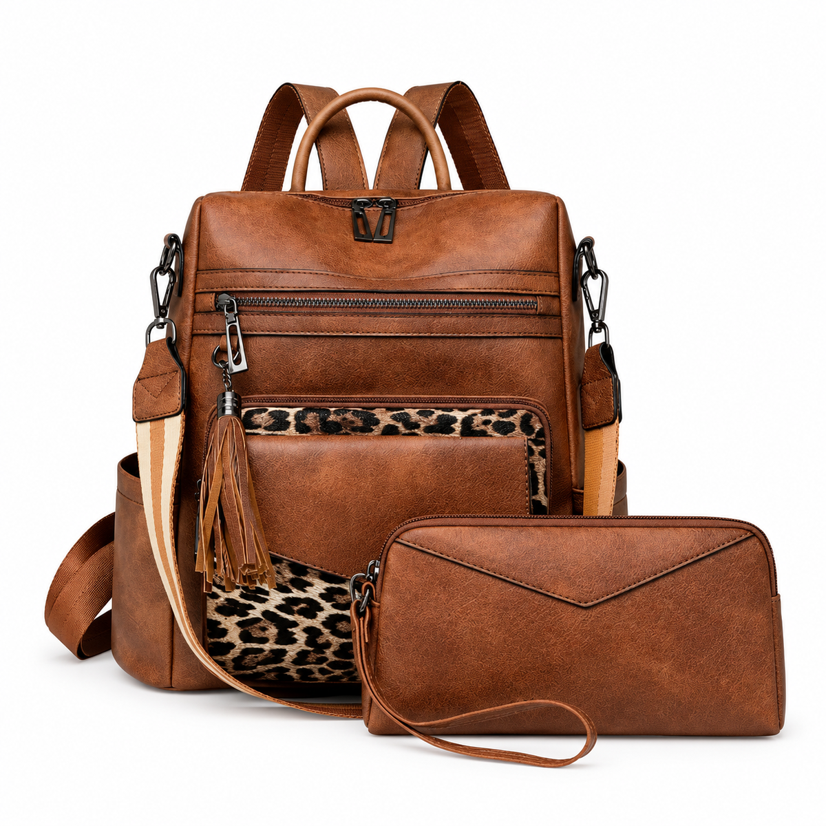 Brown Leopard Accent Backpack Pouch Set