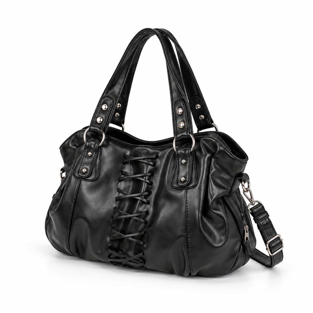 Black Lace-Up Ruched Leather Shoulder HandBag
