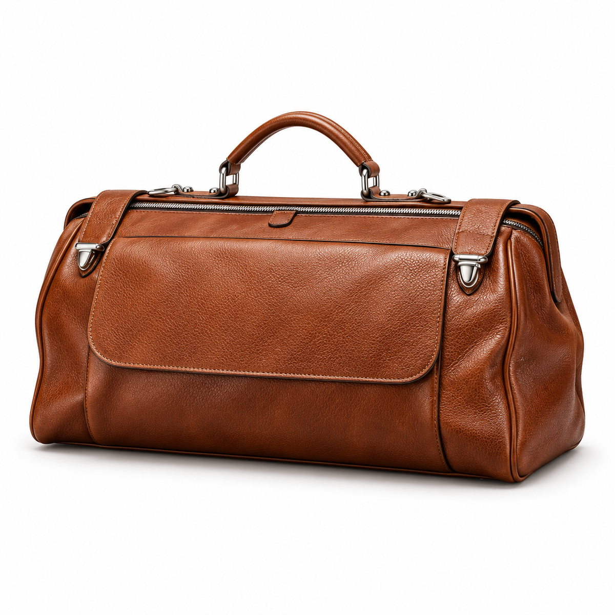 Cognac Brown Leather Duffel Travel Bag