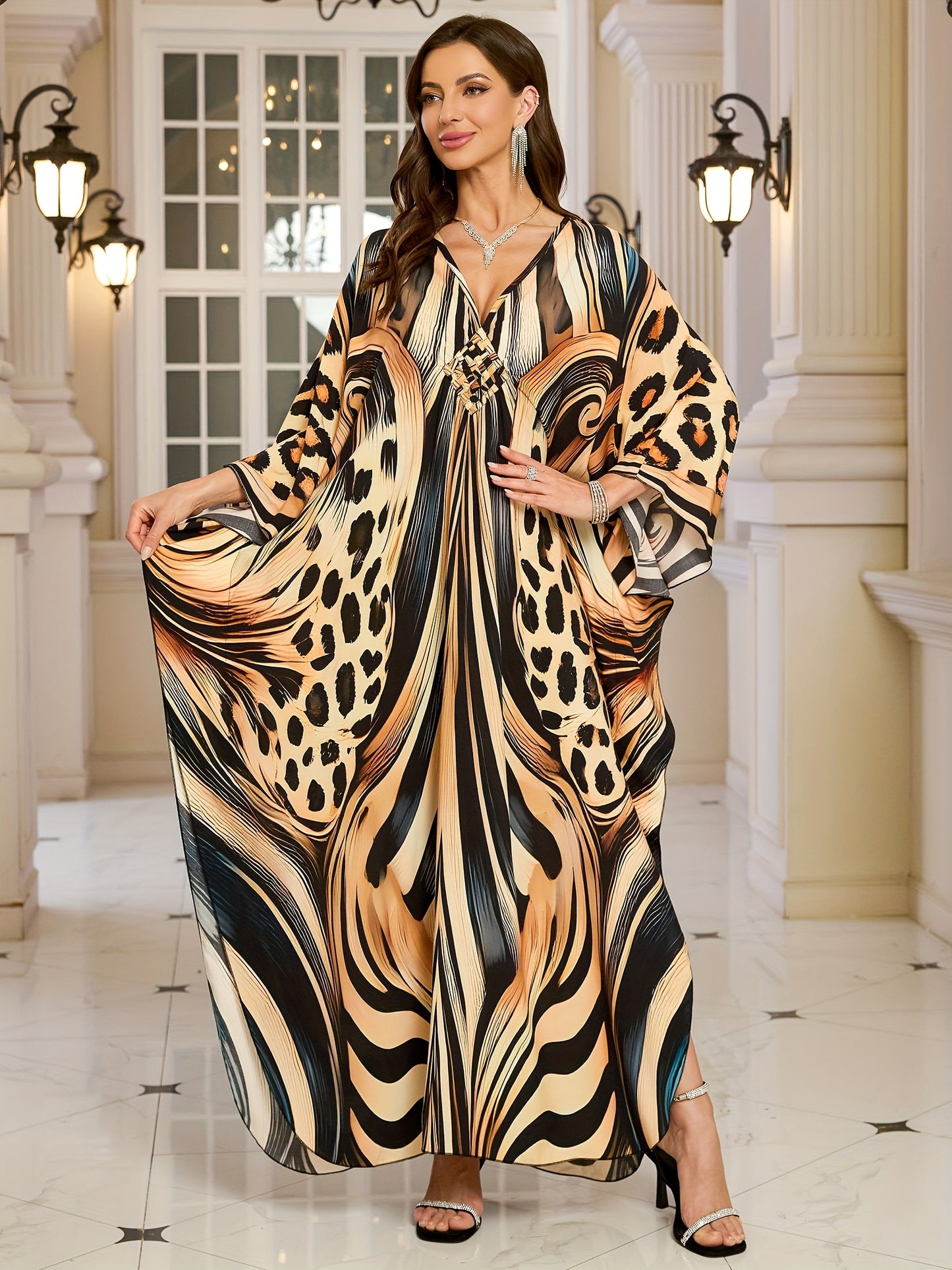 EDOLYNSA Women's Deep V-Neck Leopard Print Turkish Kaftan Dress - Long Sleeve Batwing Beach Cover-Up with Chest Ruching, Loose Fit Maxi for Resort Wear, Poolside & Casual Outings, Beach Dress, Summer Vacation Outfit, Batwing