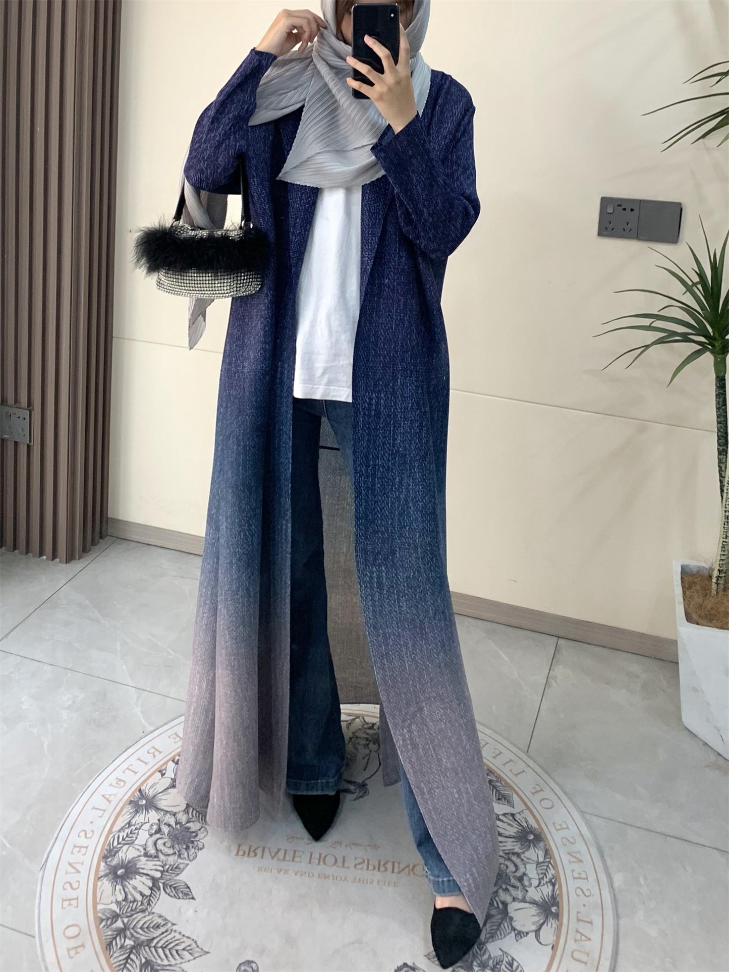 Miyake Women's Arab Noble Style Abaya Robe - High Stretch Pleated Long Sleeve Cloak with Adjustable Waist Belt, Geometric Print Ombre Blue to Grey, Machine Washable Lightweight Luxury for Eid