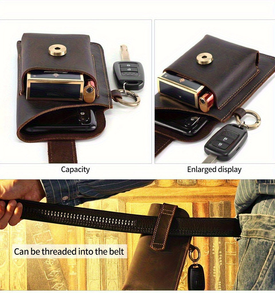 Men's Genuine Leather Mobile Phone Key Waist Bag Creative Vegetable Tanned Leather Waist Bag Men Wear Belt Tactical Waist Bag
