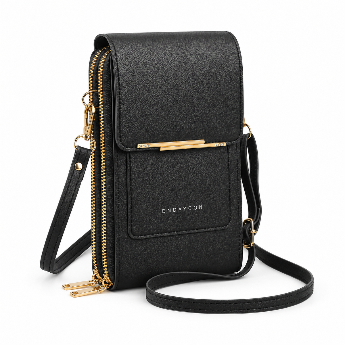 Black Textured Crossbody Bag With Gold