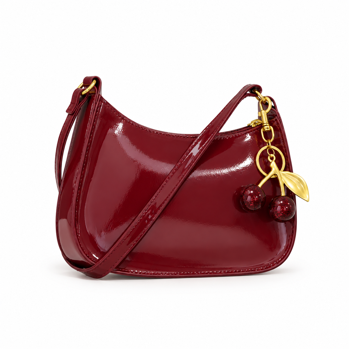 Glossy Burgundy Cherry Charm Shoulder Bag