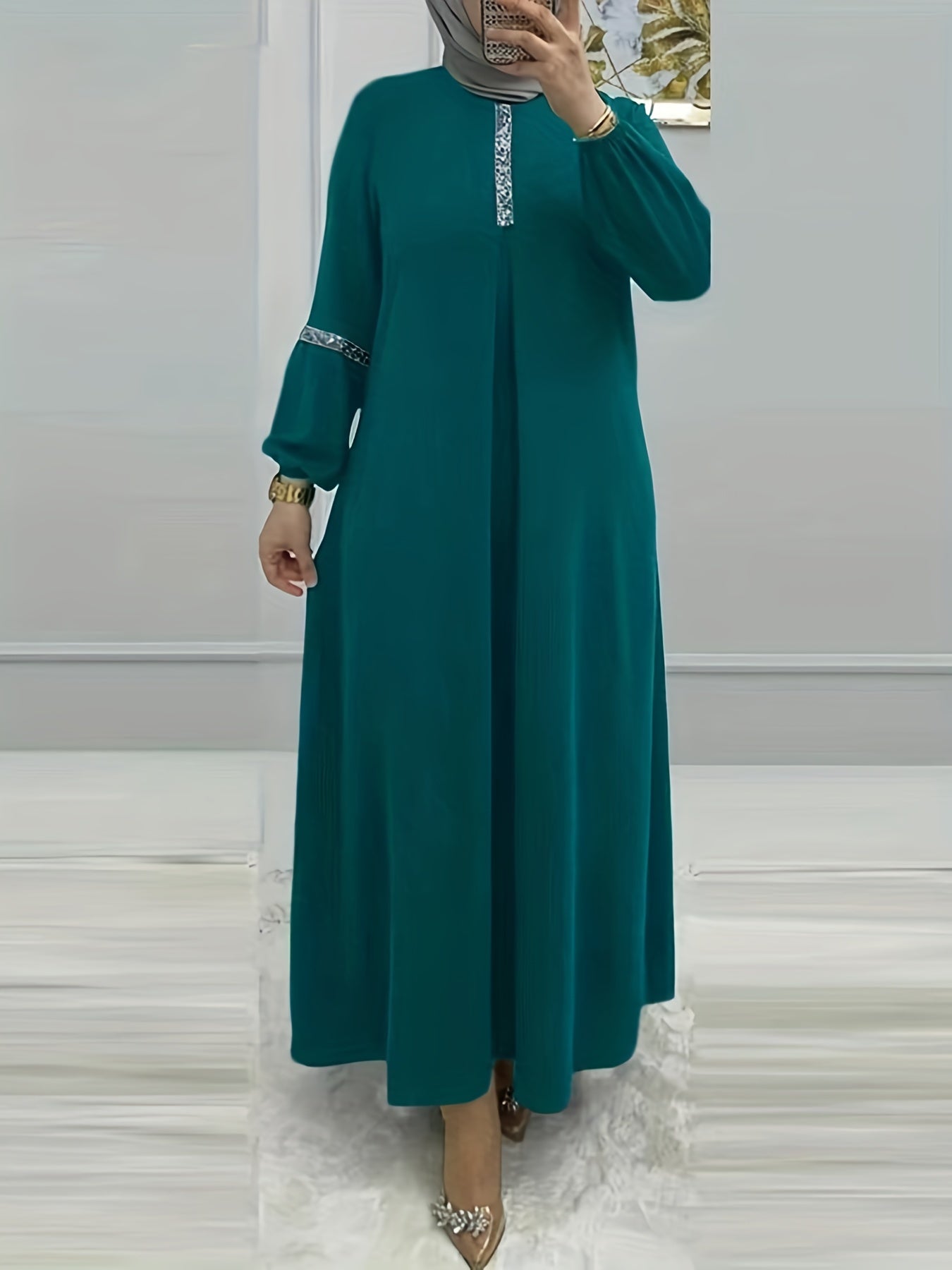 [Elegant Abaya] Elegant Arabic Abaya Burkha | 2023 New Women's Long Sleeve Modest Cover Dress, Solid Green, Sequin Sleeves, Machine Washable, No Stretch Fabric