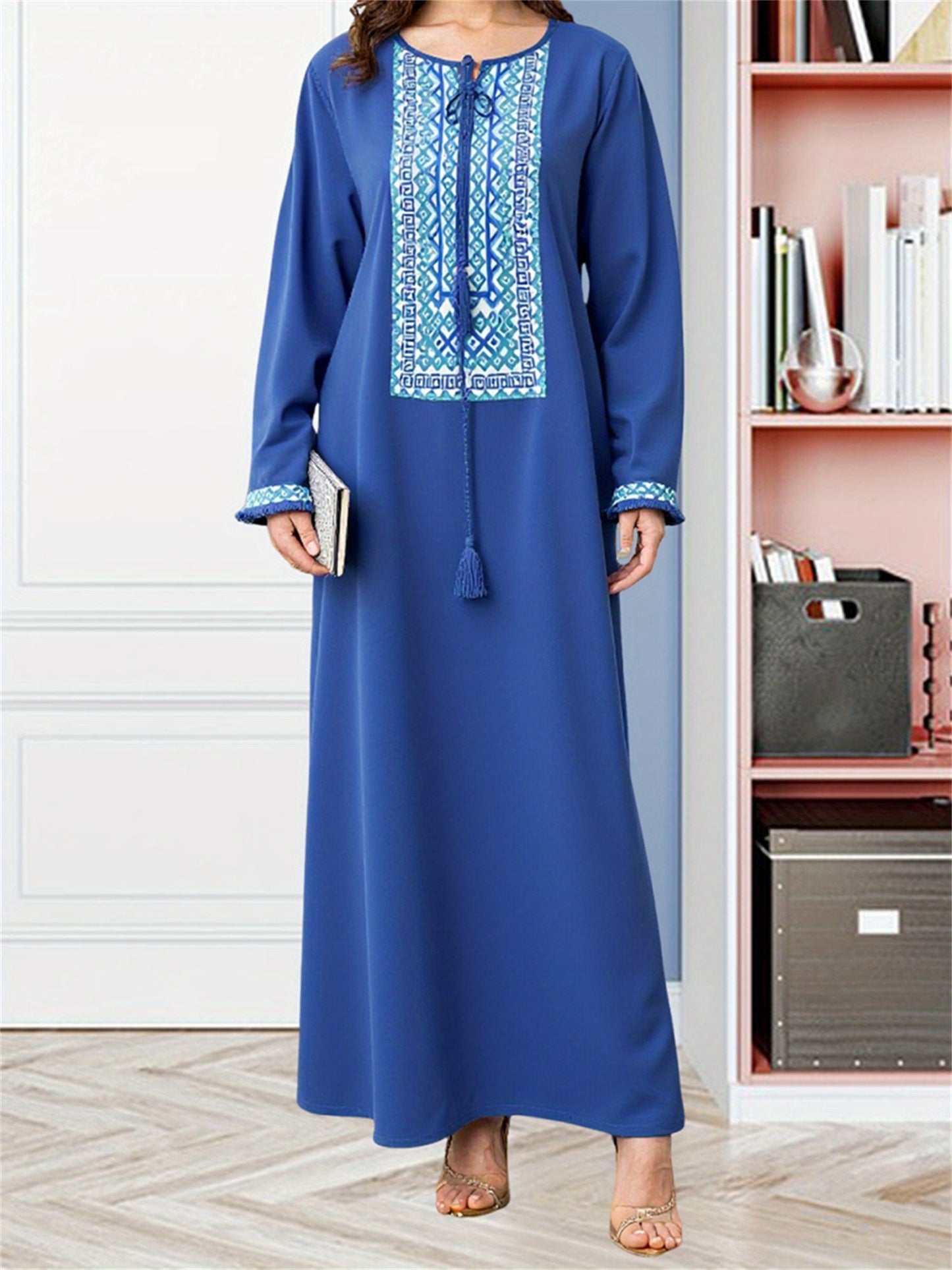 Women's Vintage Turkish Abaya Dress - Loose Fit Tie-Up Tassel Round Neck Long Sleeve Geometric Print 100% Polyester Machine Washable All-Season Casual Outdoor Wear