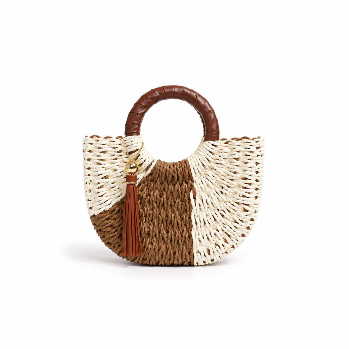 Two-Tone Woven Round Handle Handbag