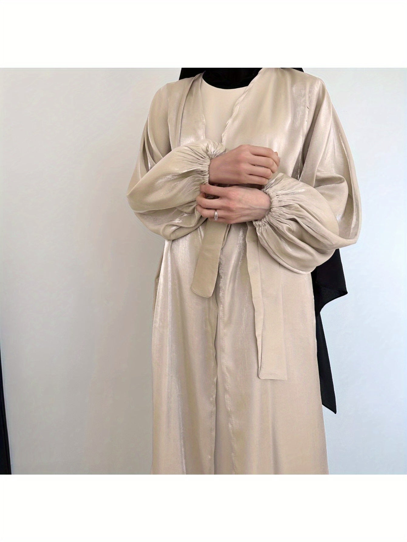 Plus Size, Middle Eastern Modest Muslim Fashionable Bright Silky Satin Solid Color Belt Bat Sleeve Arabic Abaya European and American Large Size Women's Clothing
