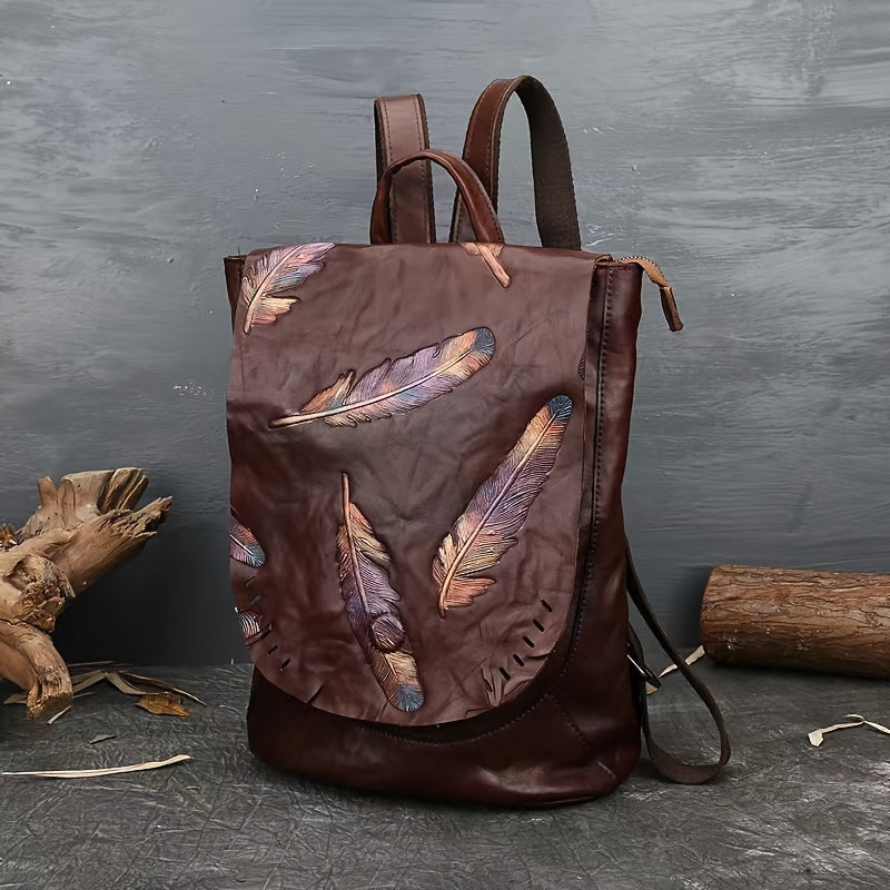 Vintage Animal Print Genuine Leather Bag for Women, Adjustable Straps, Zip Closure, Polyester Lined, Fashion Travel Daypack