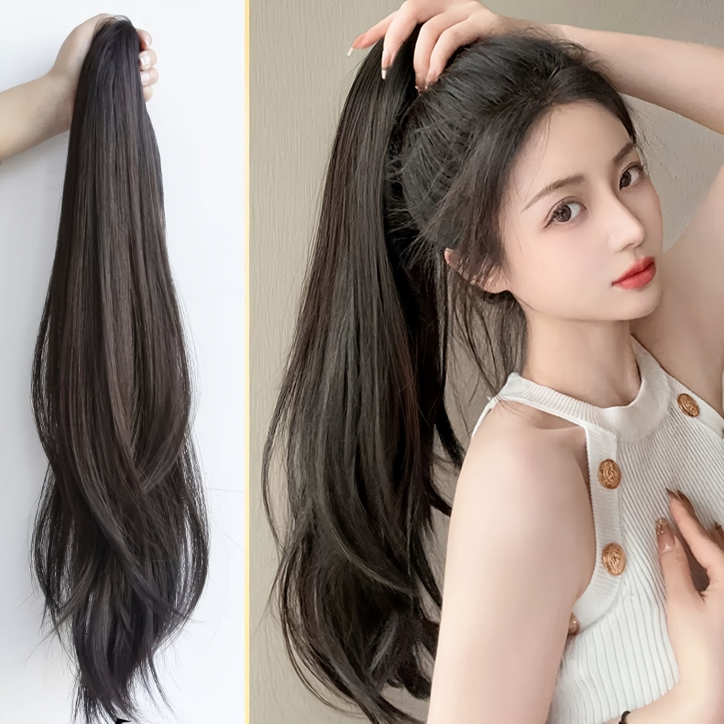 Black 23.62inch Clip-On Ponytail Hair Extension Wig for Women, Featuring a Long Straight Hairpiece