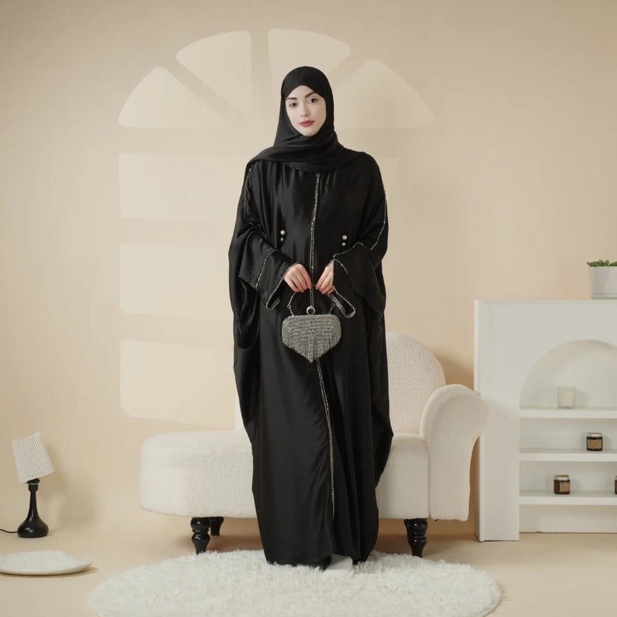 Batwing Emirati Abaya with Matching Hijab | Batwing Sleeve Abaya – Elegant Middle Eastern Arab, Islamic Style Shawl Robe Dress for Women, Long Skirt, Ramadan Prayer Outfit