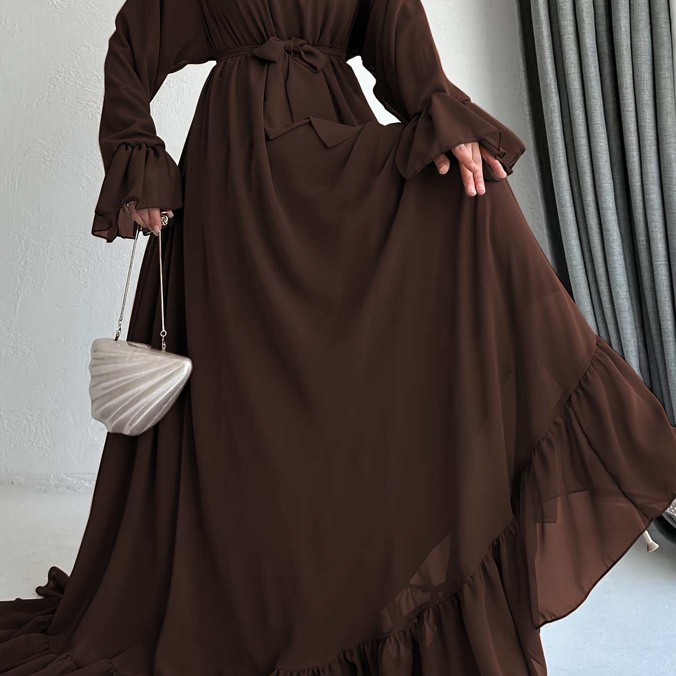 Stunning Solid Color Belted Peplum Maxi Dress - Elegant Palestinian Abaya for Women with Long Sleeves, Pleated Design, and Flattering Silhouette for Spring and Fall Seasons - Chic and Modest Clothing