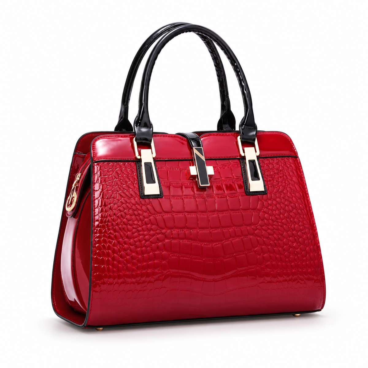 Glossy Red Crocodile Embossed Handle Handbag