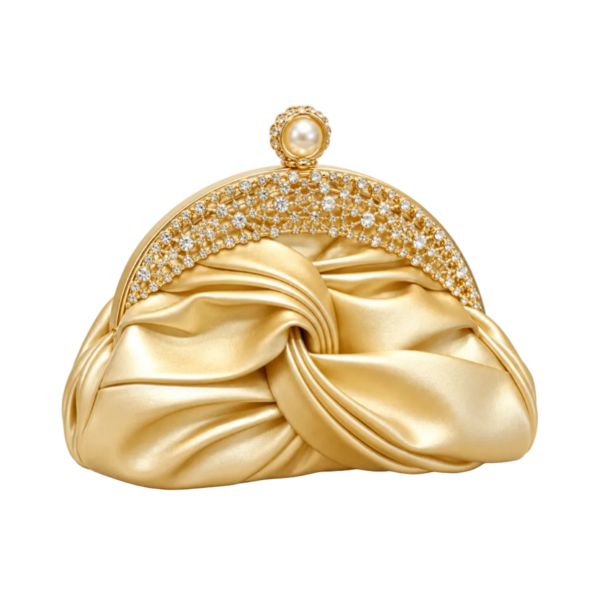 Gold Satin Rhinestone Pearl Evening Clutch