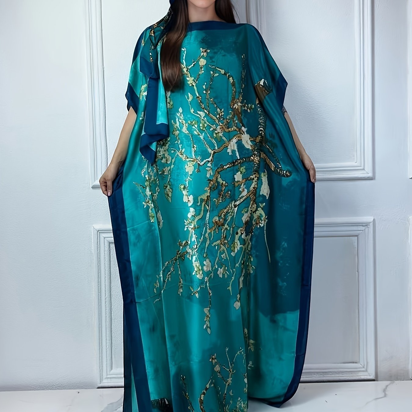 Tree Print Crew Neck Kaftan Abaya, Elegant Batwing Sleeve Loose Fit Maxi Dress With A Hijab, Women's Clothing