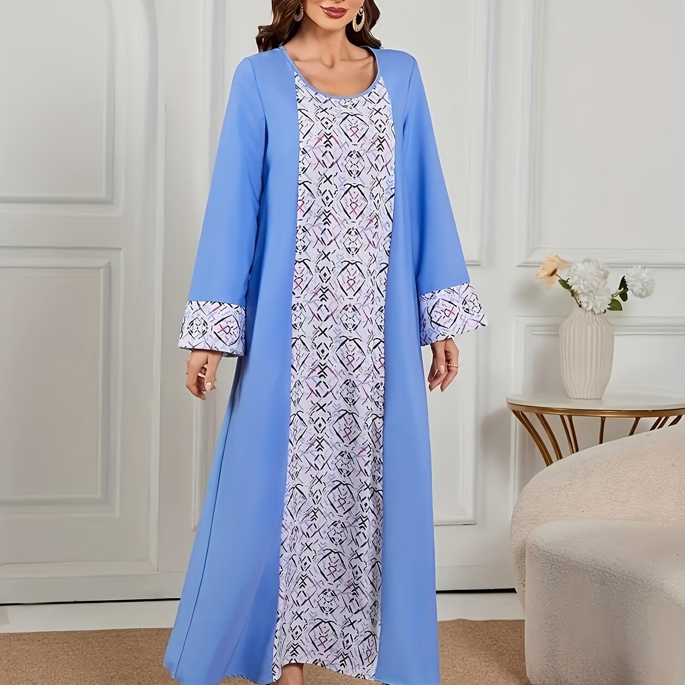 Women's Elegant Long Palestinian Abaya Dress with Luxurious Beaded & Rhinestone Embellishments - Ultra-Soft Polyester Full Sleeve Round Neck Jellabiya, All-Season Modest Islamic Dress for Dubai, Saudi, Middle Eastern Style (Machine Washa