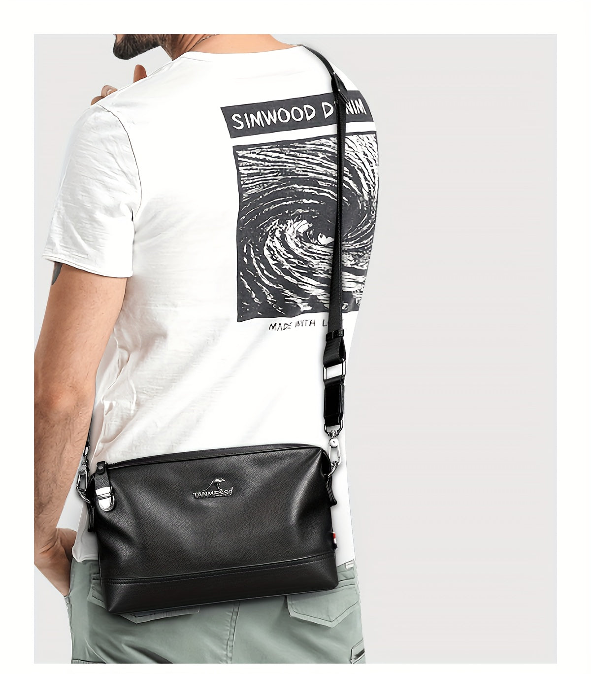 Genuine Leather Men's Crossbody Bag - Adjustable Shoulder Strap, Snap Closure, Soft Cowhide Vintage Style Black Casual Business Backpack for Everyday Use