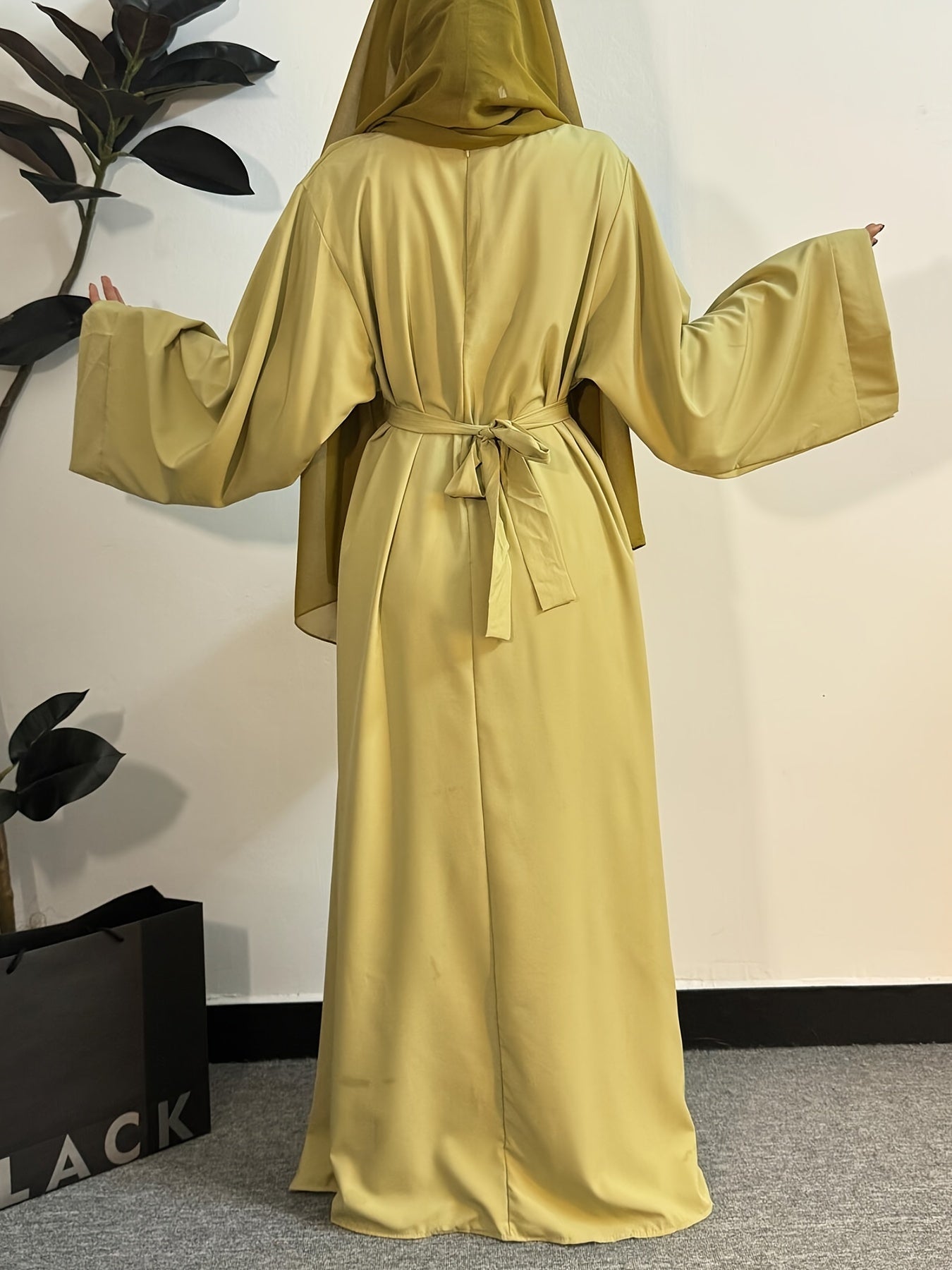 Women's Long Polyester Palestinian Abaya Kaftan with Belt - 100% Polyester, Solid Color, Regular Long Sleeve, Loose Fit, H-Contour, Woven, Non-Stretch, All Seasons, Full-Length Islamic Prayer Dress