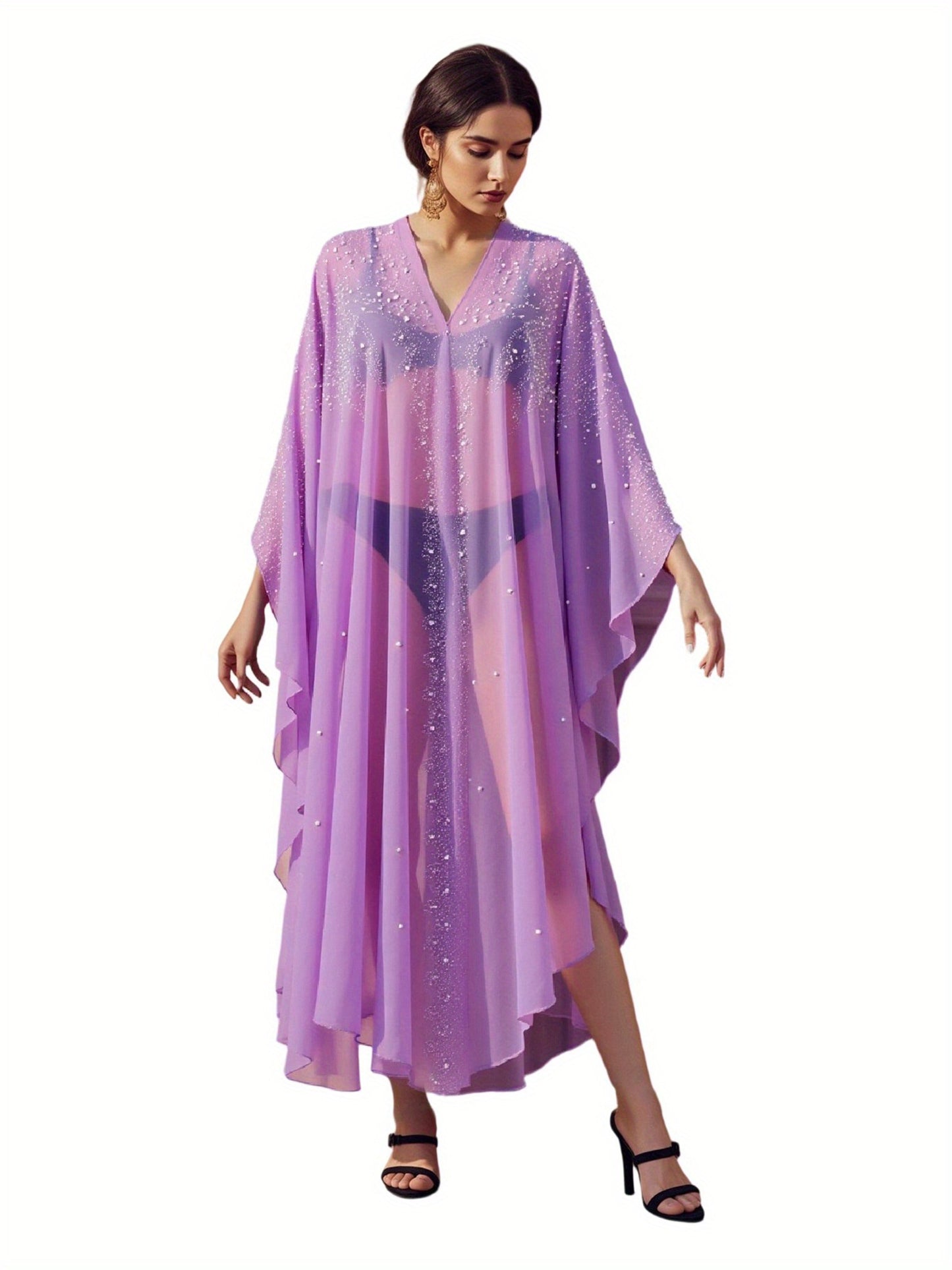 Women's Elegant Long Kaftan Dress with Hooded Rhinestone Cape & Bat Sleeves Abaya - Loose Fit Sheer Beaded Arab-Inspired Gown for All Seasons, Machine Washable
