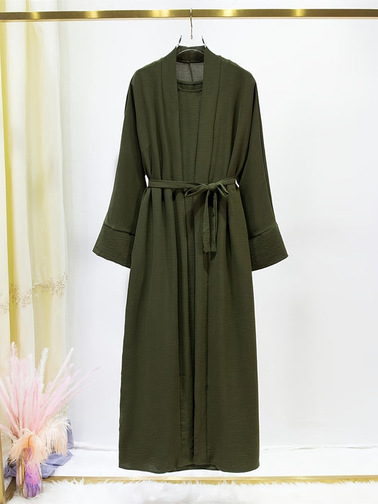 Ramadan Solid Color Modest Pakistani Abaya Set, Casual Crew Neck Sleeveless Tank Dress & Open Front Long Sleeve Tie Cardigan Outfits, Women's Clothing