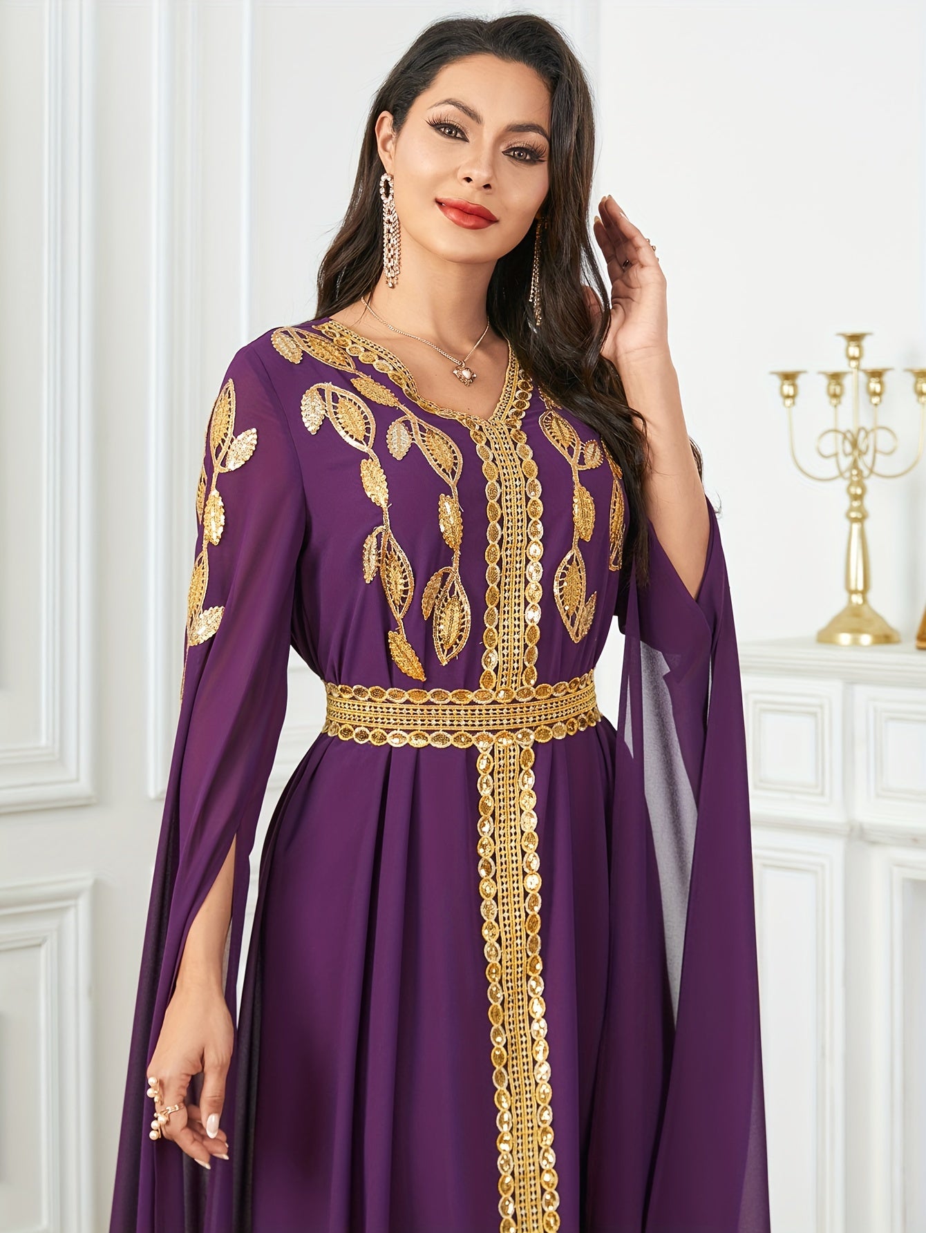 Embroidered V-Neck Abaya Dress, Elegant Cape Sleeve Maxi Dress, Women's Clothing