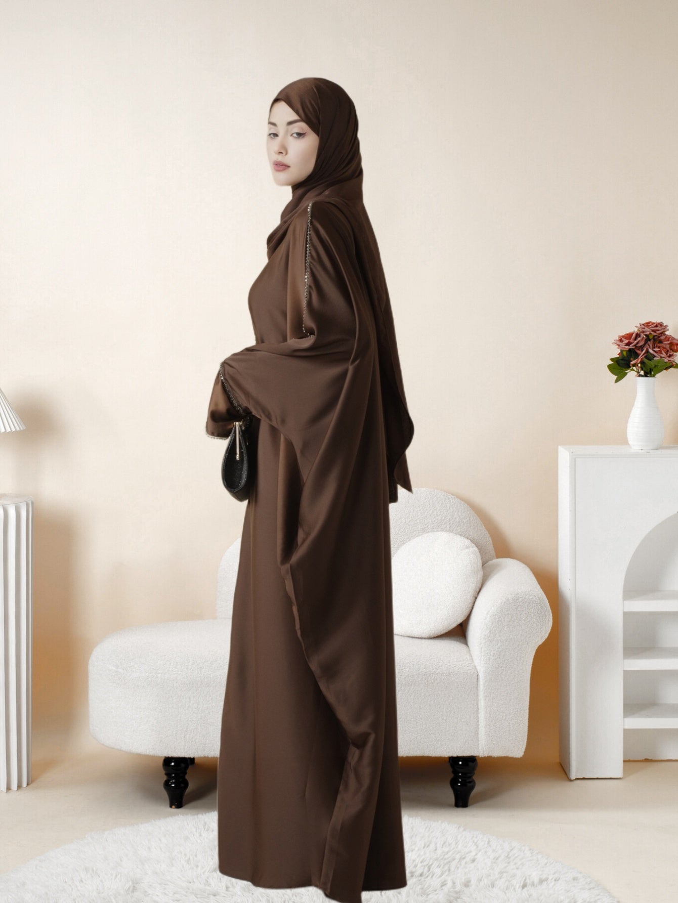 Batwing Emirati Abaya with Matching Hijab | Batwing Sleeve Abaya – Elegant Middle Eastern Arab, Islamic Style Shawl Robe Dress for Women, Long Skirt, Ramadan Prayer Outfit