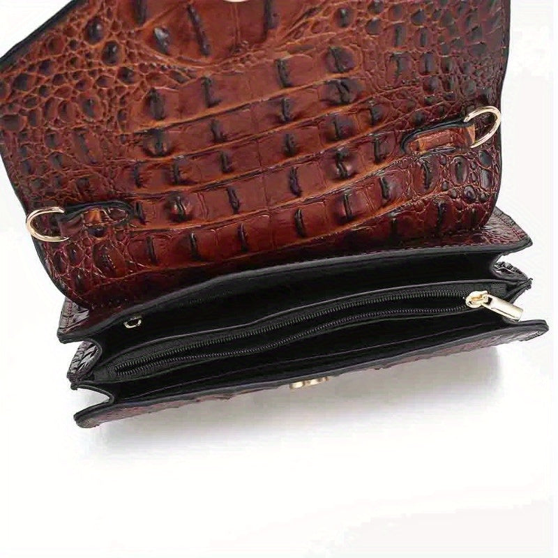 Saddle Croc-Embossed Leather Crossbody Shoulder Bag - Top-Grain Genuine Leather, Detachable Strap, Zipper Closure