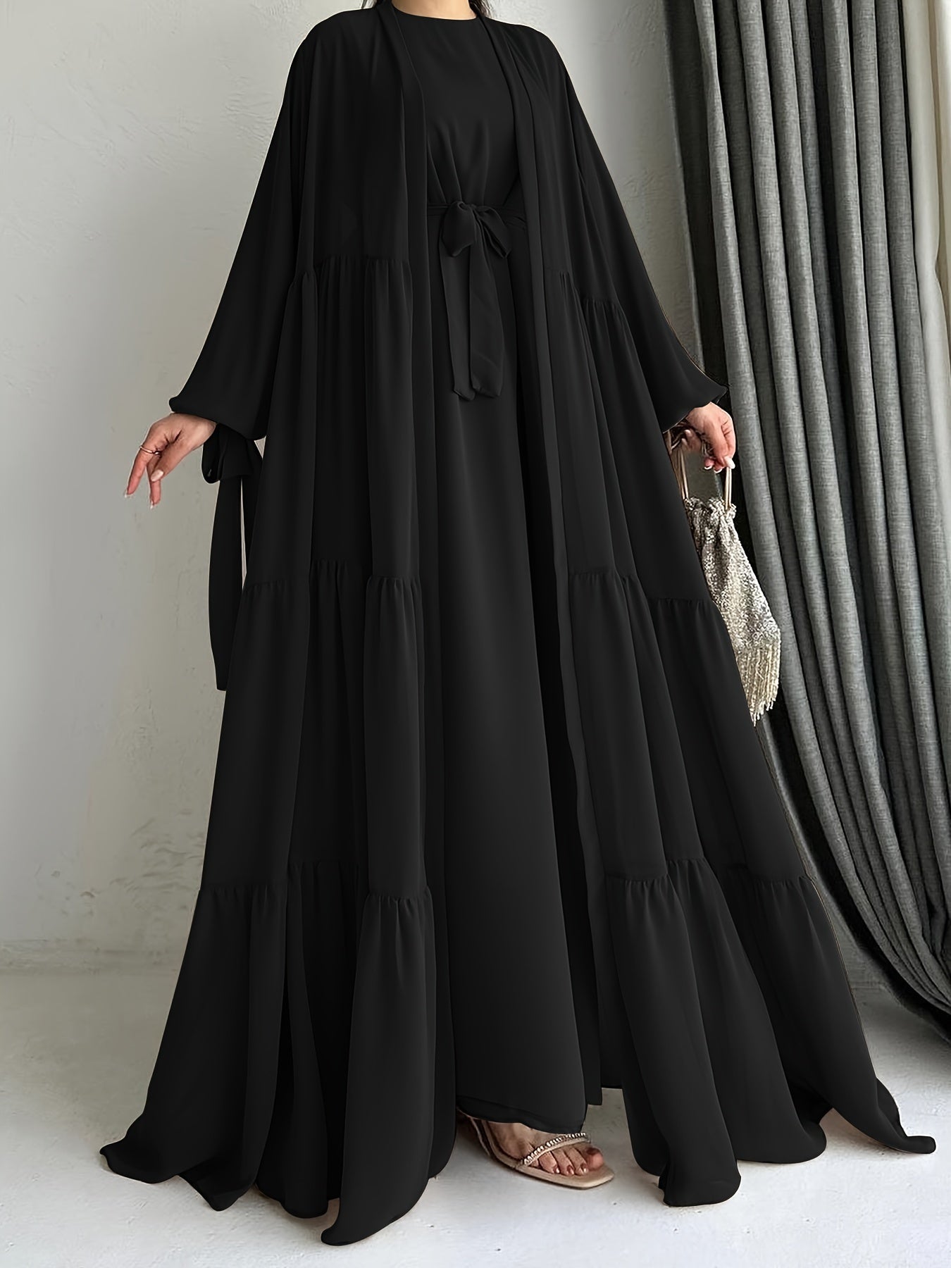 Women's Middle Eastern Palestinian Abaya Dress with Cape Cover - Sleeve Brown Solid Color Modest Traditional Dress, Adjustable Waist Tie Belt, Machine Washable All-Season Wear, Versatile Layering Piece