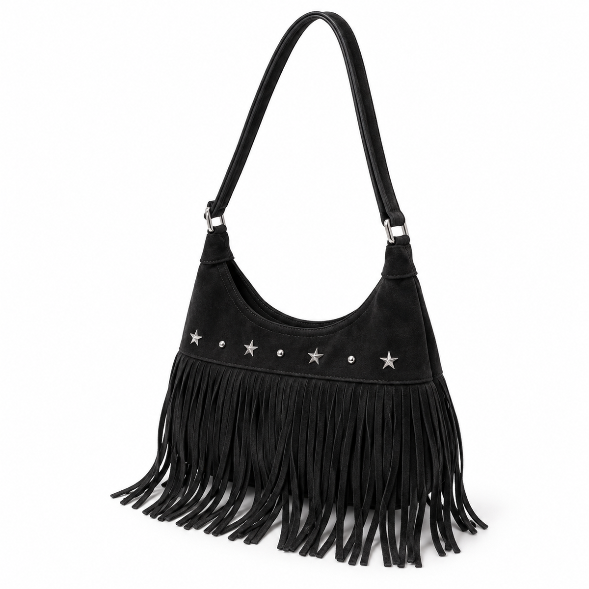 Vintage Black Star Studded Fringe Shoulder Bag