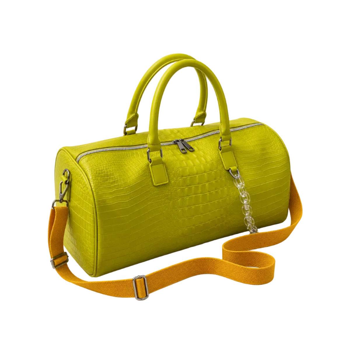 Chartreuse Crocodile Embossed Leather Duffel Bag