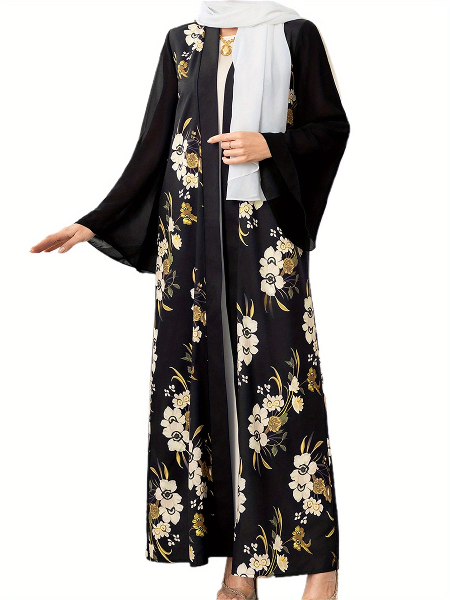 Elegant Black & White Floral Print Long Sleeve Kaftan Gown for Women - Loose Kimono Robe with Golden Accents, Perfect for Spring and Summer Casual Wear, Robes for Ladies