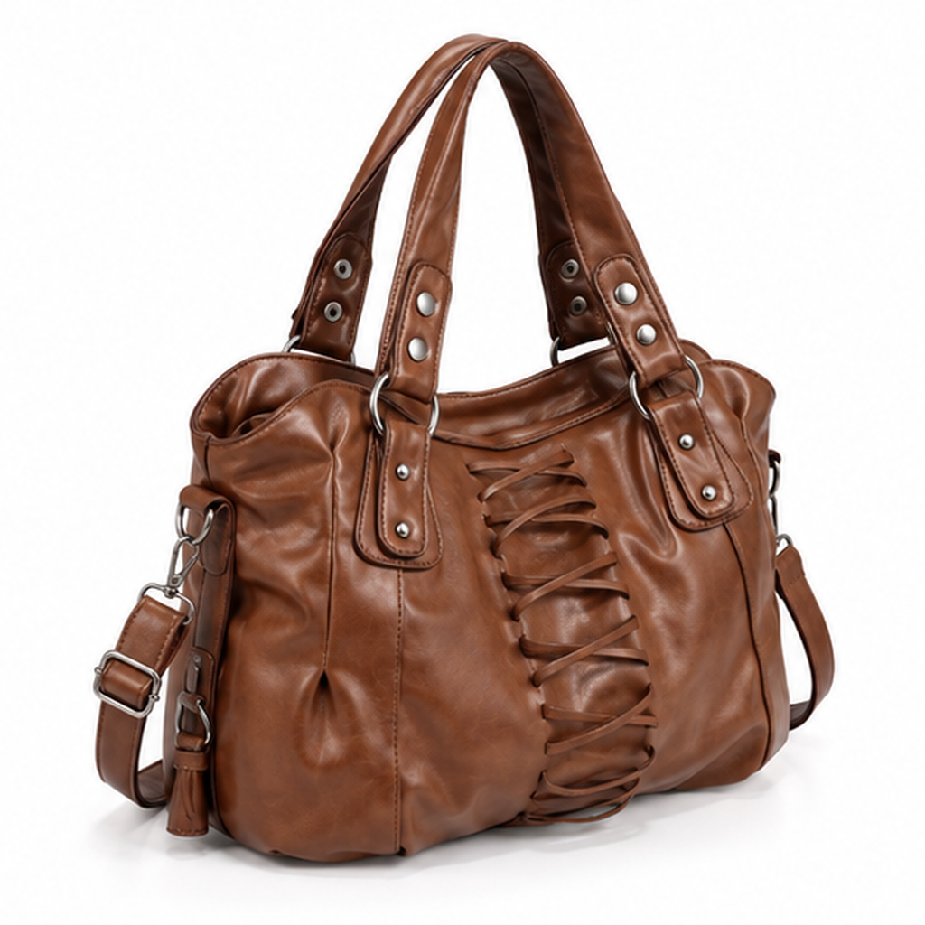 Vintage Coffee Lace-Up Leather Shoulder Handbag