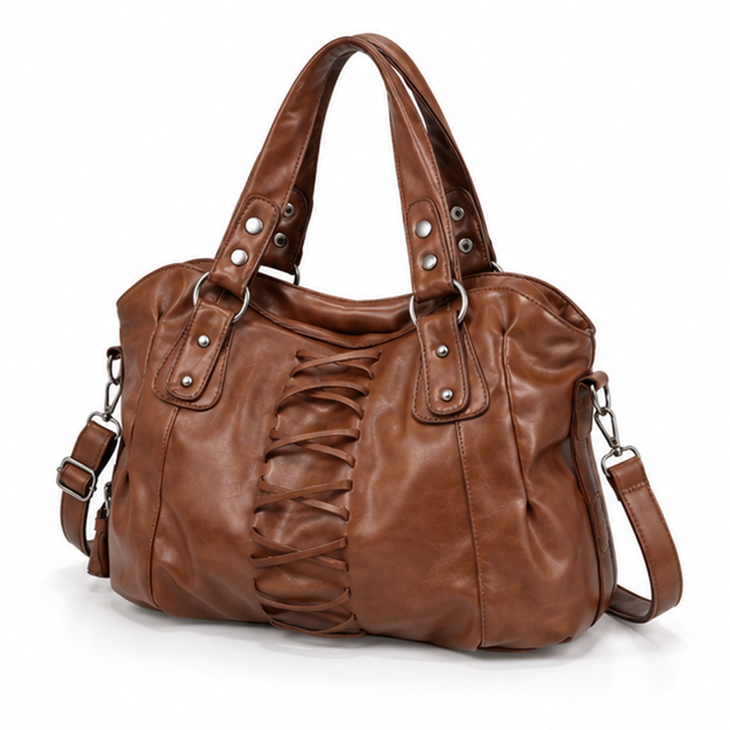 Vintage Coffee Lace-Up Leather Shoulder Handbag
