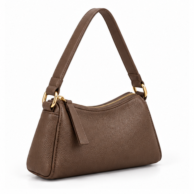 Coffee Textured Shoulder Bag With Zipper