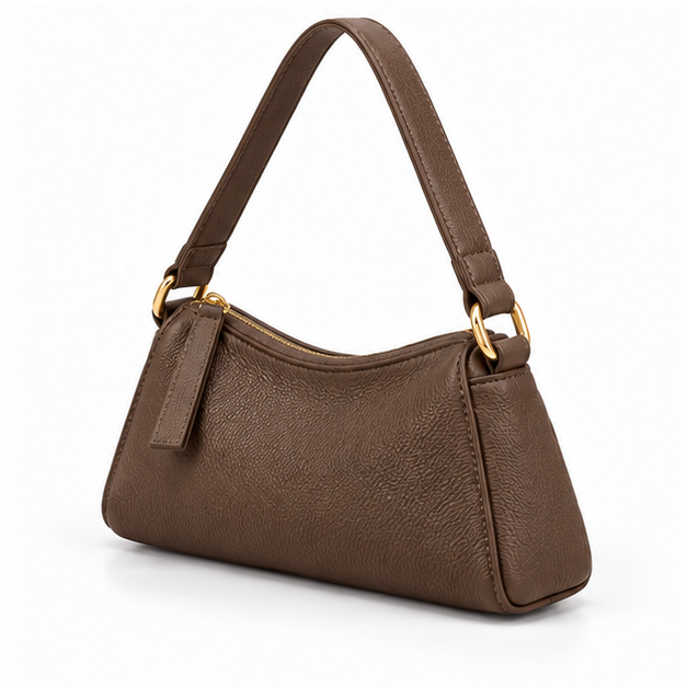 Coffee Textured Shoulder Bag With Zipper