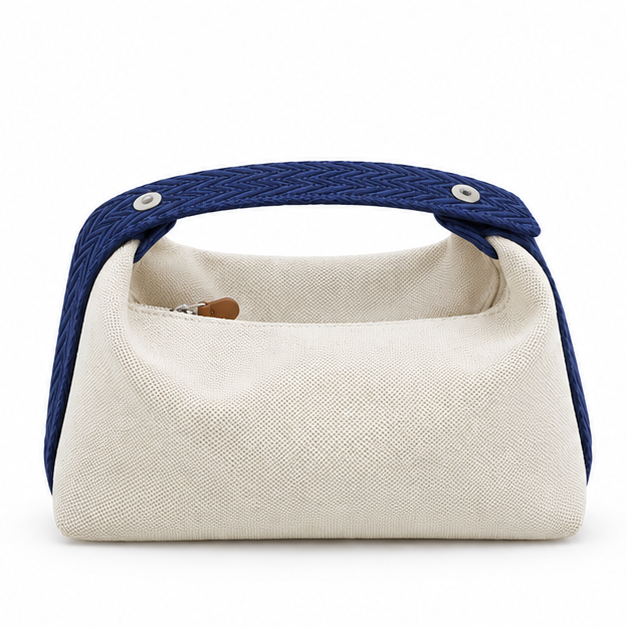 Cream Canvas Bag With Navy Strap