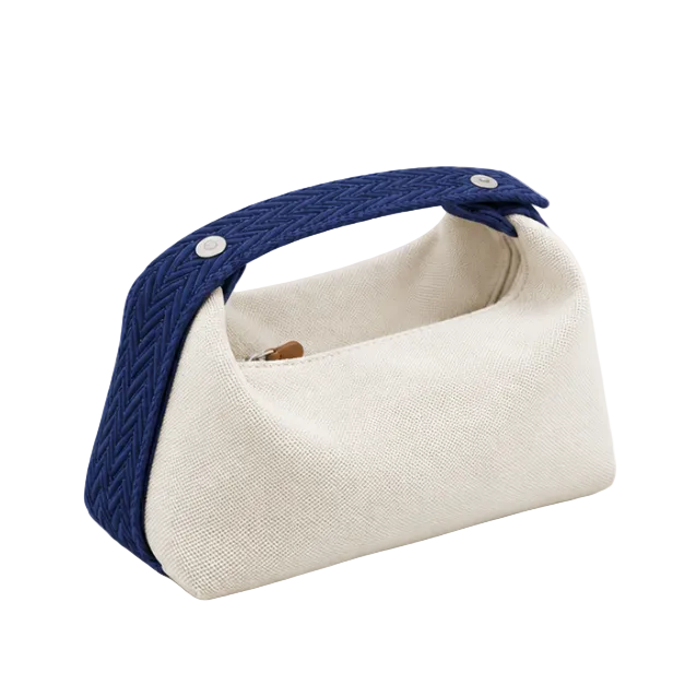 Cream Canvas Bag With Navy Strap