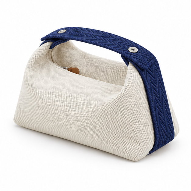 Cream Canvas Bag With Navy Strap