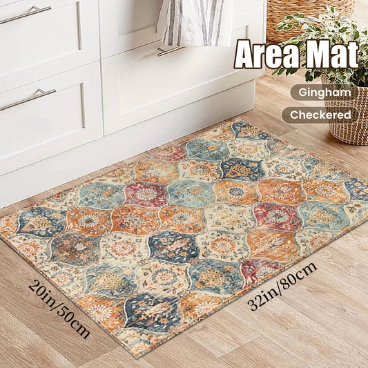 1pc Bohemian Moroccan Print - Decorative Rectangular Floor Mat with Braided Edges, 24"x16" & 30"x18", Non-Woven Fabric & Rubber Backing for Bathroom Kitchen Living Room, Bathroom Carpet