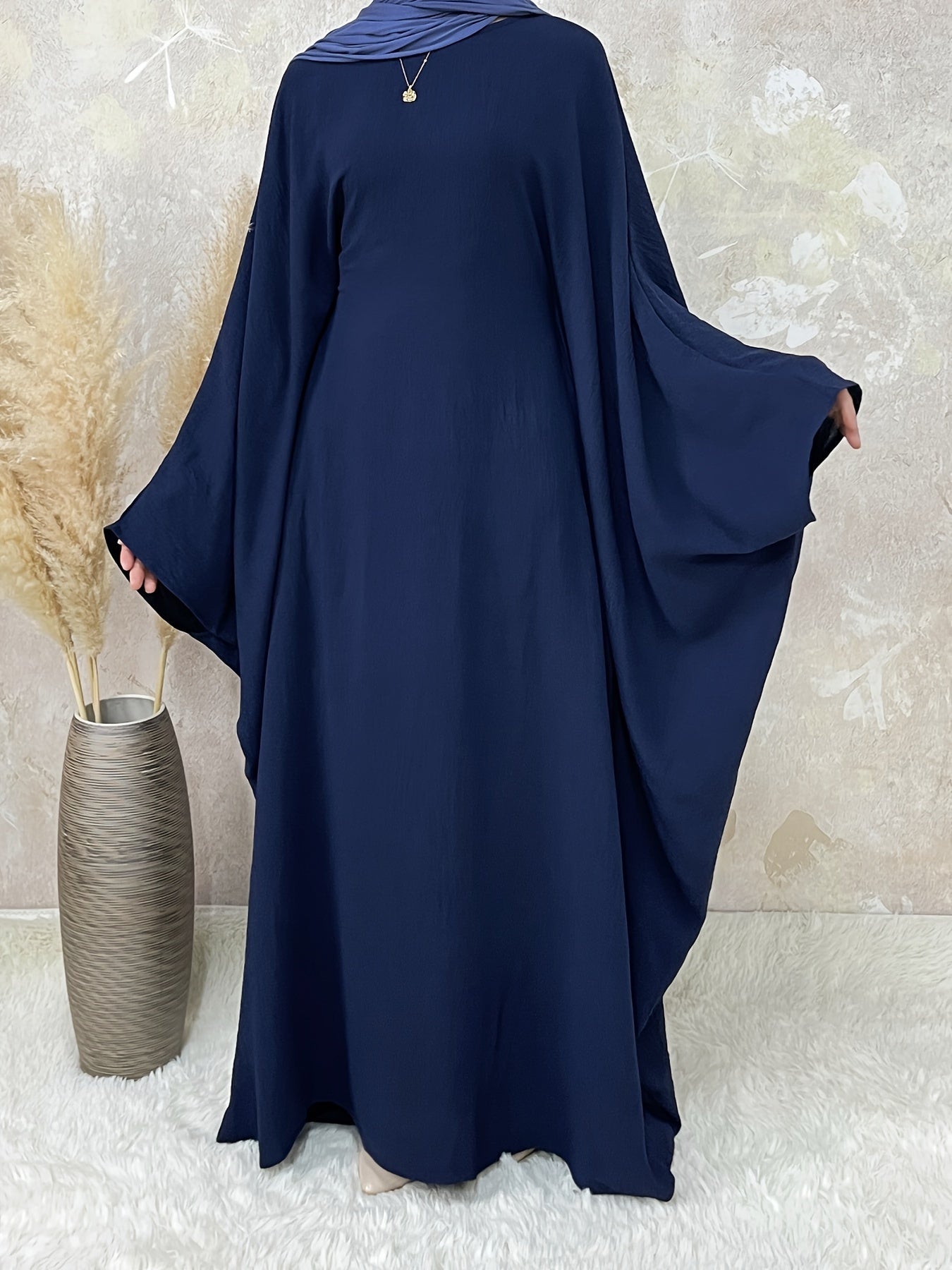 Women's Vintage Arabic Abaya Dress - Ramadan Modest Batwing Sleeve Long Dress with Waist Belt, Loose Fit Solid Black, Faux Pockets for All-Season Wear, Muslim Dress, Modest Apparel