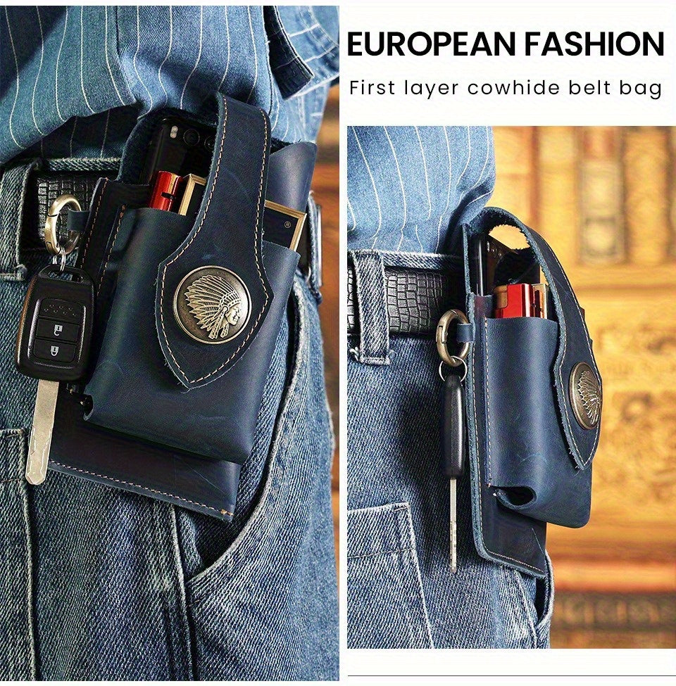 Men's Genuine Leather Mobile Phone Key Waist Bag Creative Vegetable Tanned Leather Waist Bag Men Wear Belt Tactical Waist Bag