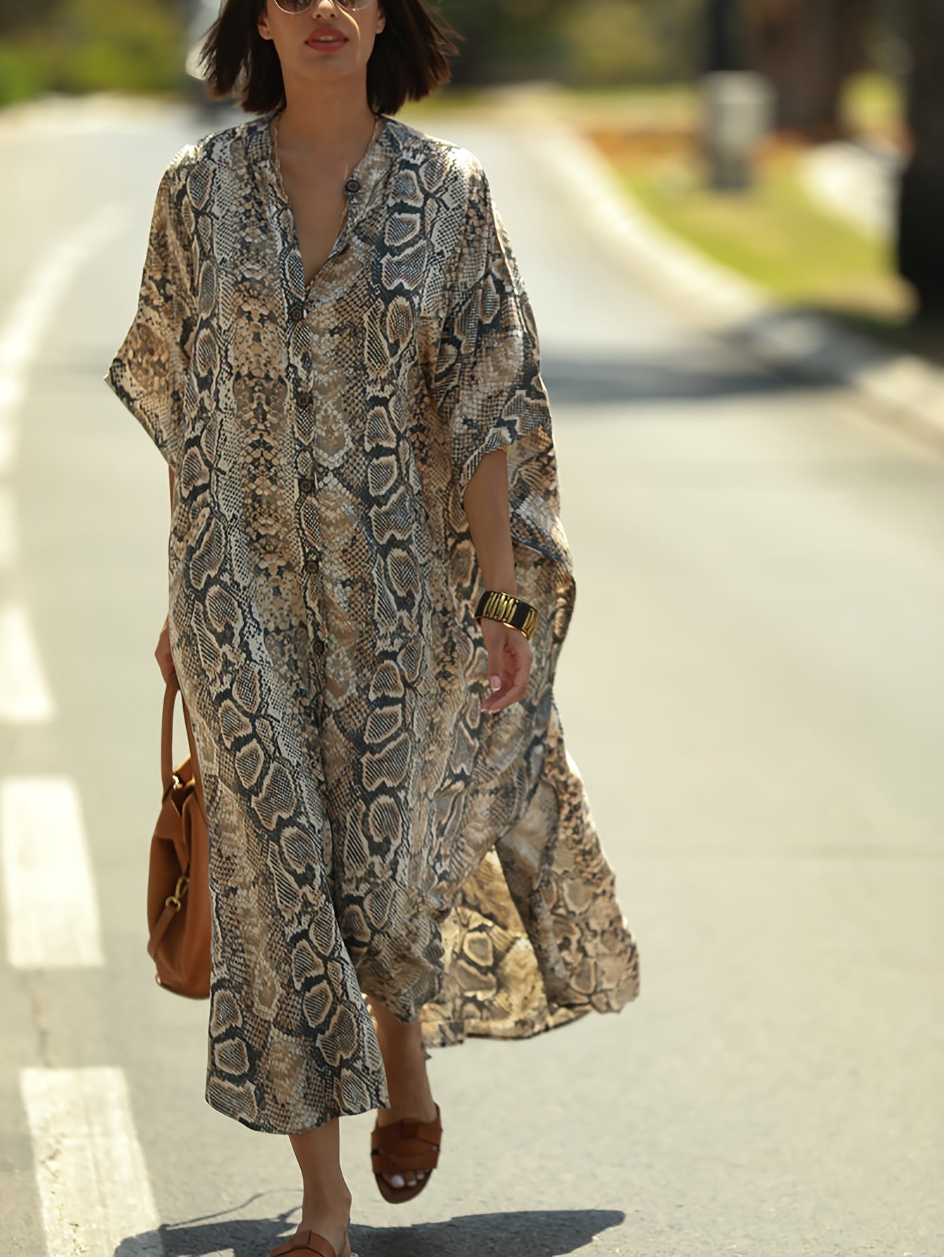 Women's Long Dress Bating Sleeve Kaftan Dresses Print Stripe Snake Pattern Dot Pattern Beach Cover Up Leisure Vacation Home Outfits Swimsuit Cover Up Ethnic Loose Robe