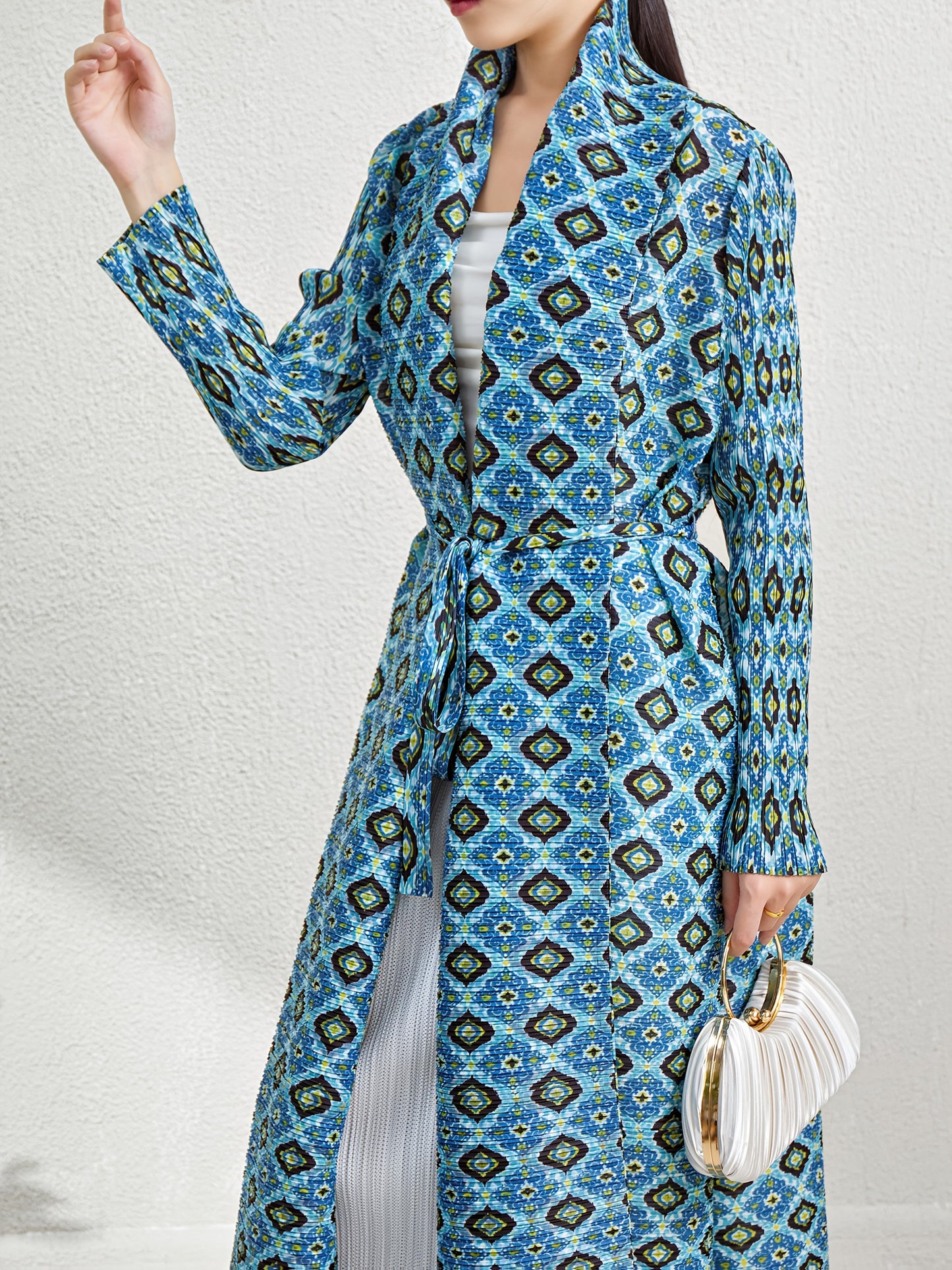 2025 New Arrival - Loose Fit, Long Sleeve Abaya for Muslim Women, Blue Geometric Print, Casual Style, High Stretch Fabric, Pleated Design, All-Season Wear, Casual Abaya | Geometric Print Abaya