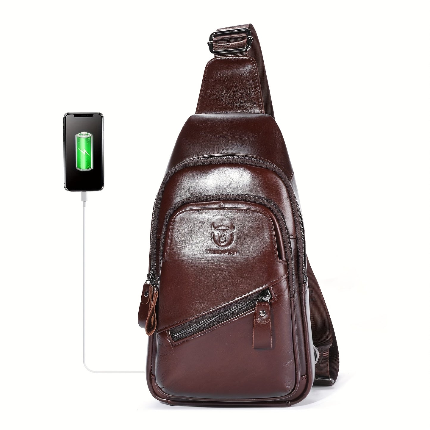 Men's Genuine Leather Sling Bag | Adjustable Crossbody & Chest Pack with USB Charging Port, Multiple Zipper Pockets