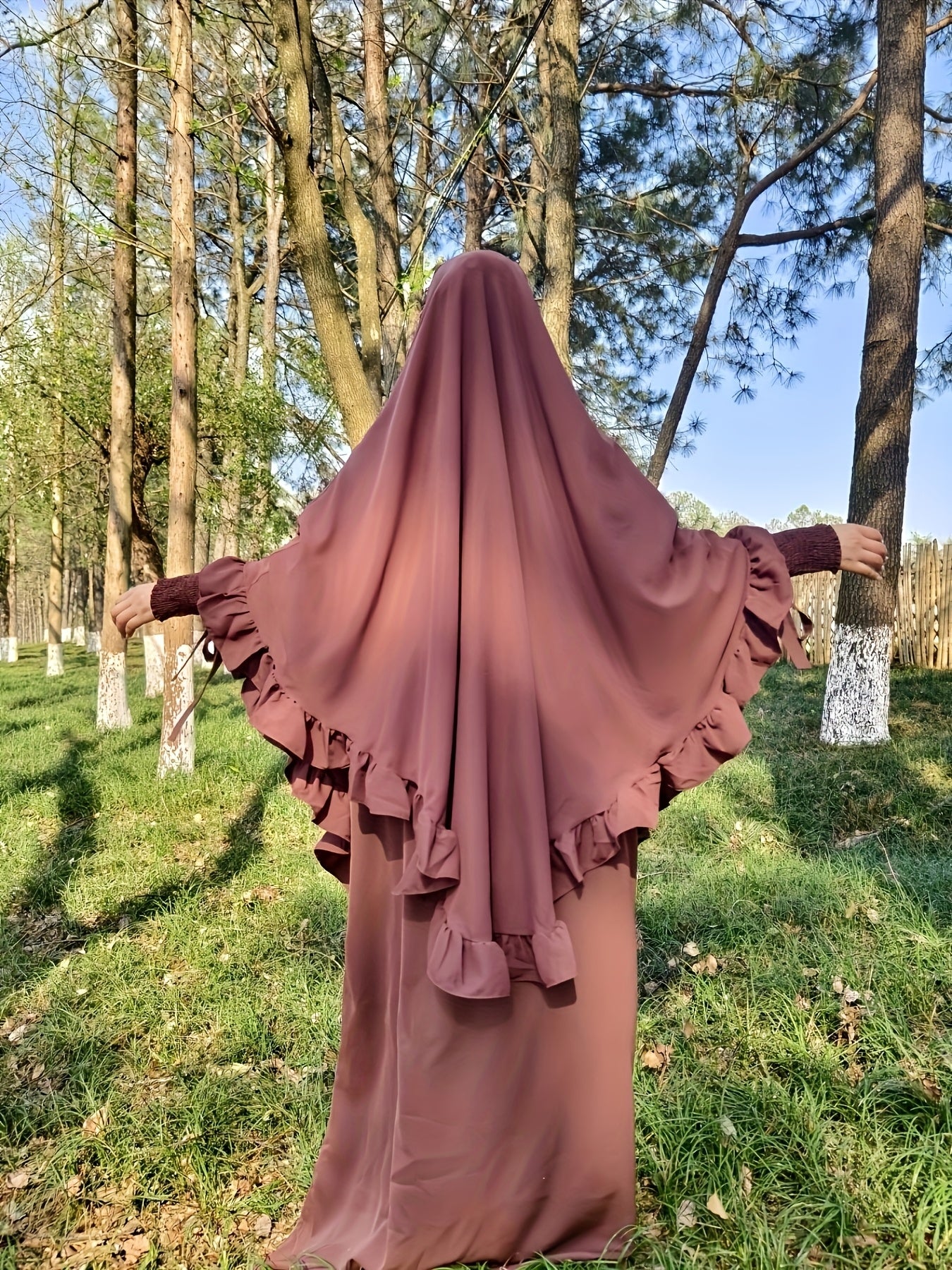 1pc Muslim Prayer Khimar Abaya Burqa - Arabian Style Modest Covering with Ruffled Hem & Wooden Edge, Machine Washable All-Season Solid Color Brown Hijab Scarf, Prayer Shawl for Women