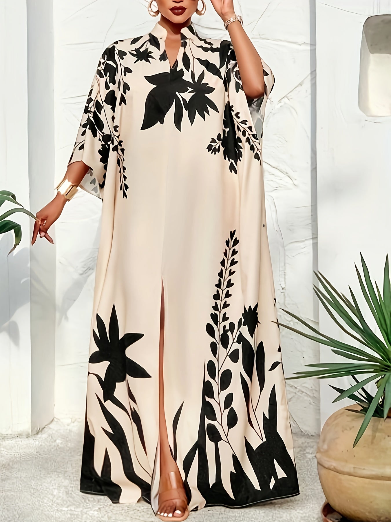 Plus Size, Autumn/Winter Plus Size Blue and White Botanical Print Elegant Dress, Flattering and, Versatile for Daily Outings, Suitable for Christmas, Valentine's Day, and Various Holiday Occasions