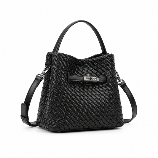 Elegant Black Woven Bucket Shoulder Bag
