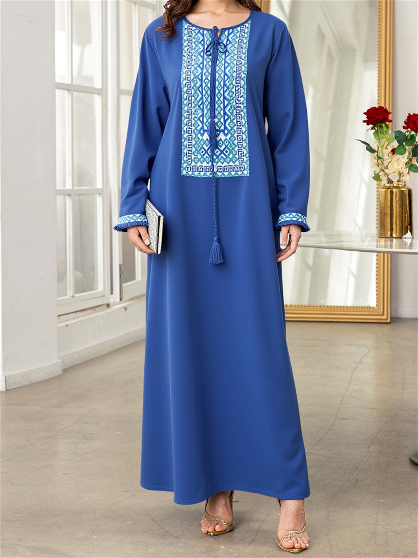 Women's Vintage Turkish Abaya Dress - Loose Fit Tie-Up Tassel Round Neck Long Sleeve Geometric Print 100% Polyester Machine Washable All-Season Casual Outdoor Wear