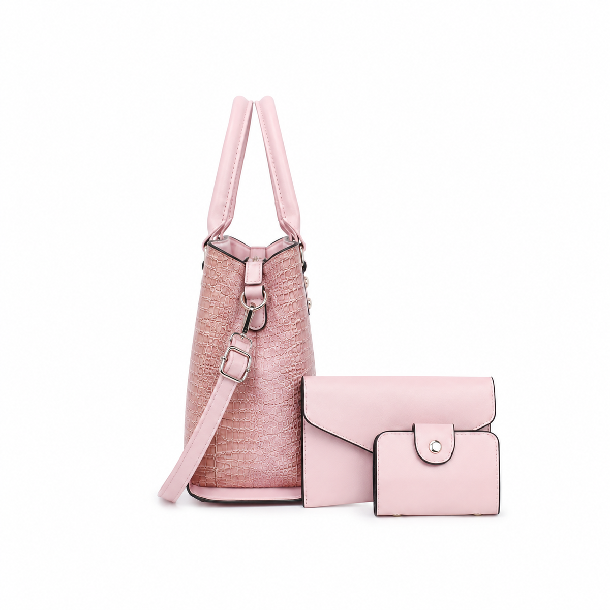 Blush Pink Croc Embossed Tote Handbag Set